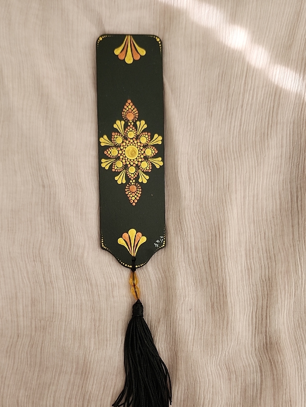 Hand-Painted Black Bookmark with Yellow Floral Design and Tassel